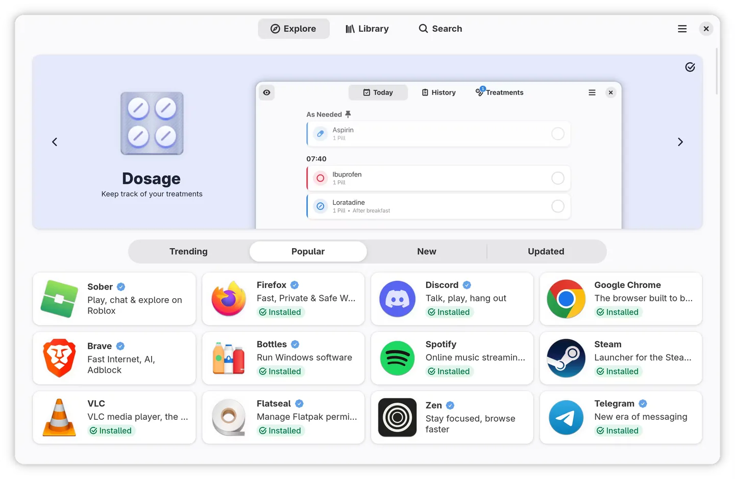 Bazaar showing a featured app and a grid of popular Flatpak apps.
