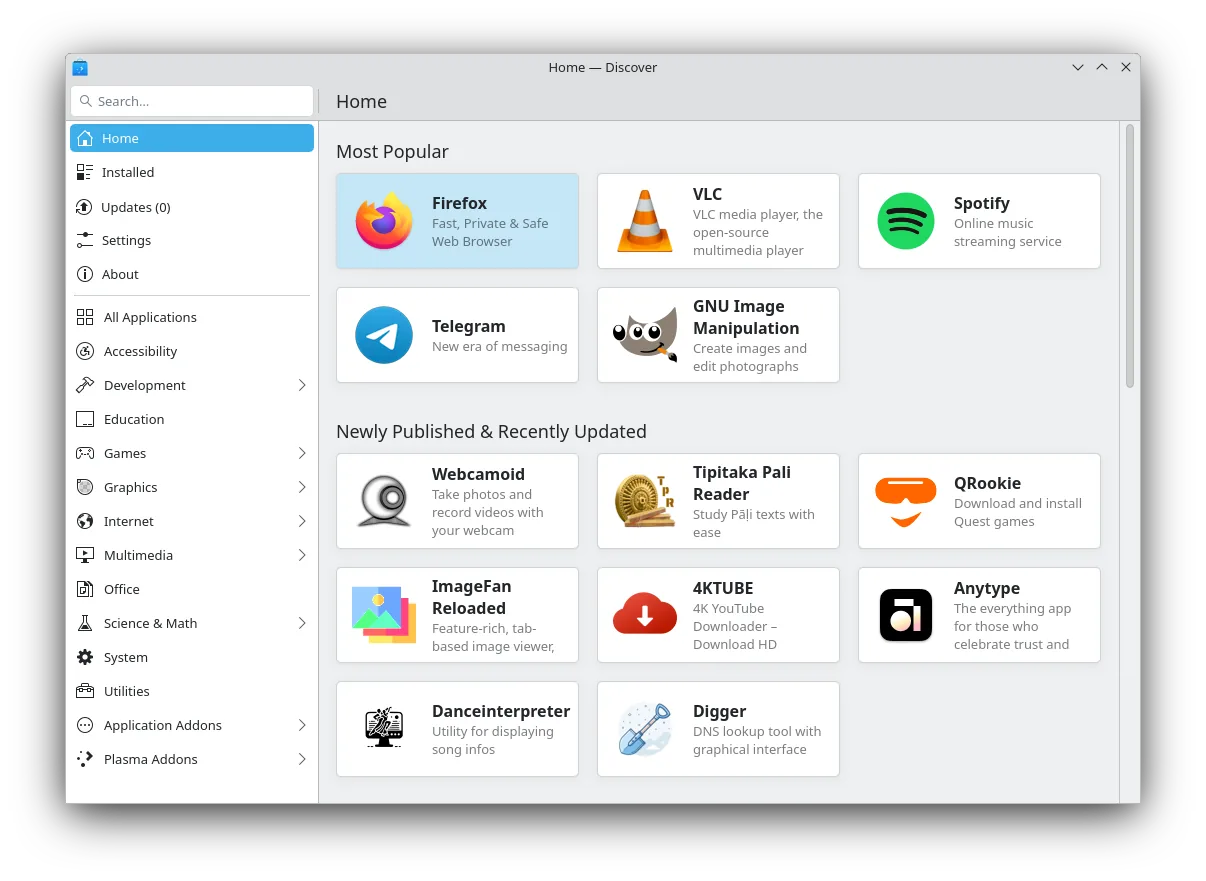 Discover showing its sidebar, popular apps, and recently updated apps.