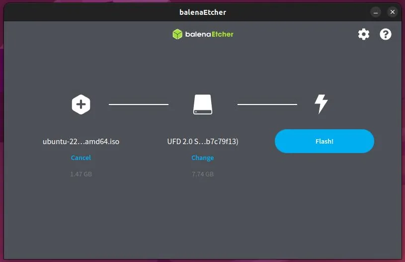 Etcher with a Linux ISO and USB stick selected, ready to flash.
