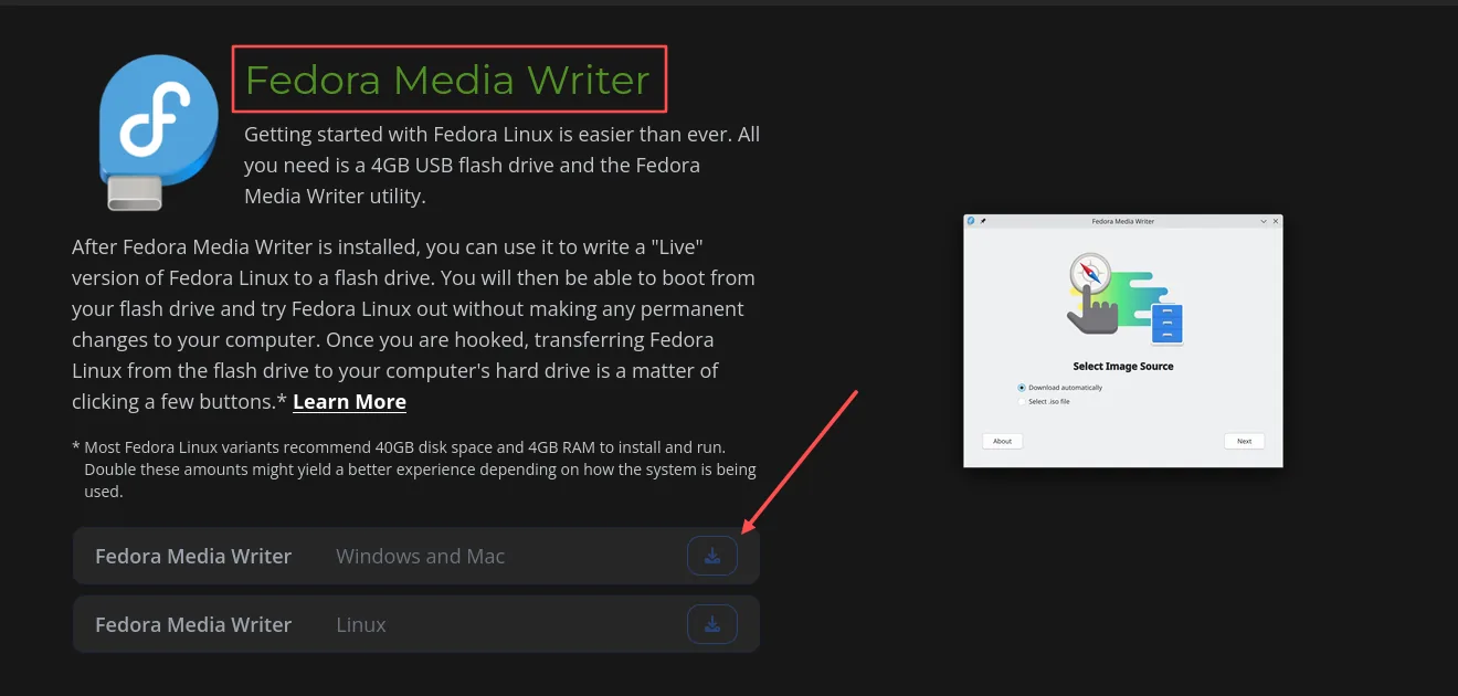 Fedora's download page with the Fedora Media Writer download highlighted.