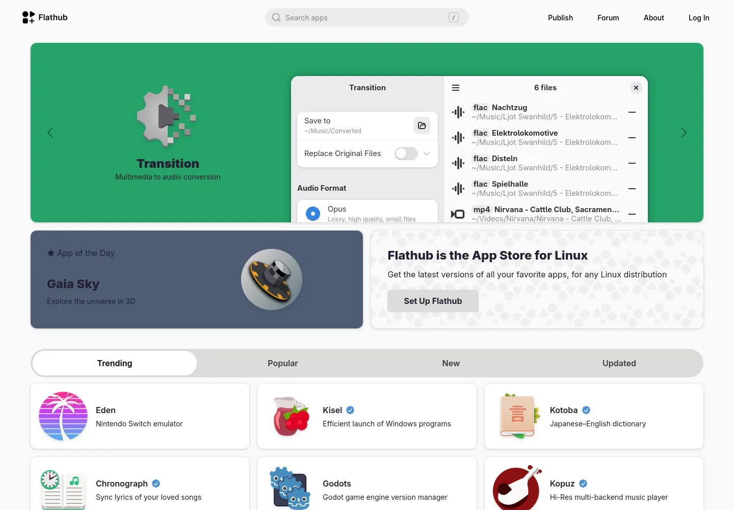 Flathub homepage with an app search bar, featured apps, and a list of trending apps.