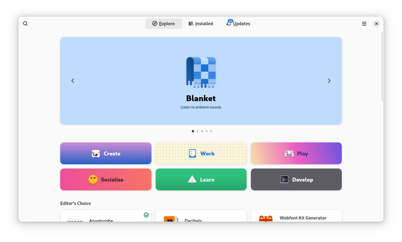 GNOME Software showing featured apps and categories on the Explore tab.