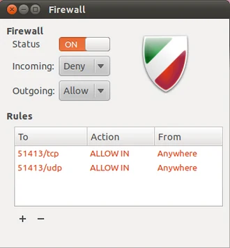 Gufw showing the firewall switched on, incoming connections set to Deny, and outgoing connections set to Allow.