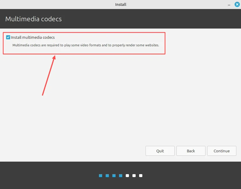Linux Mint installer with Install multimedia codecs selected.