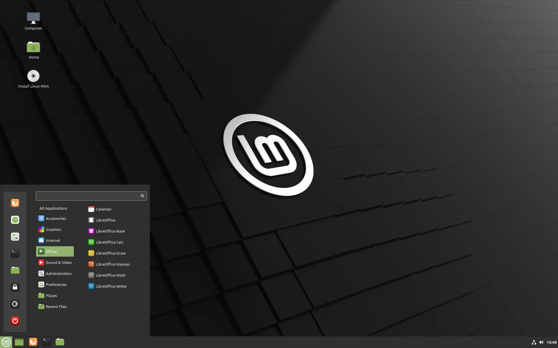 Cinnamon desktop on Linux Mint with the app menu open and a taskbar along the bottom.