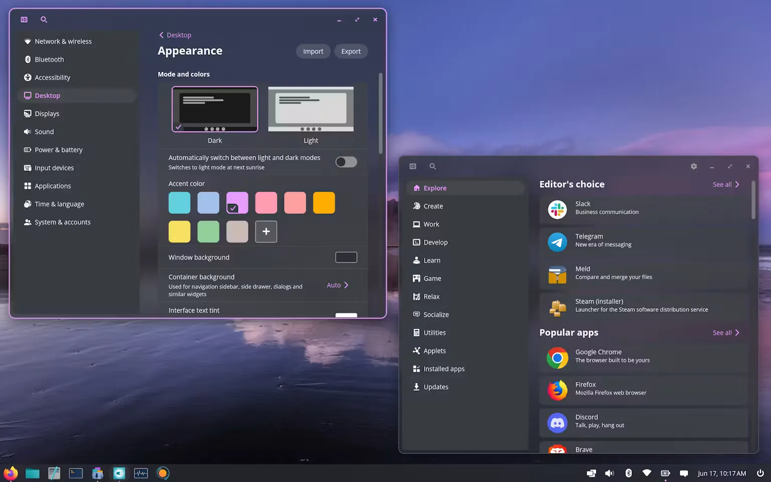 COSMIC desktop with appearance settings and the app store open.