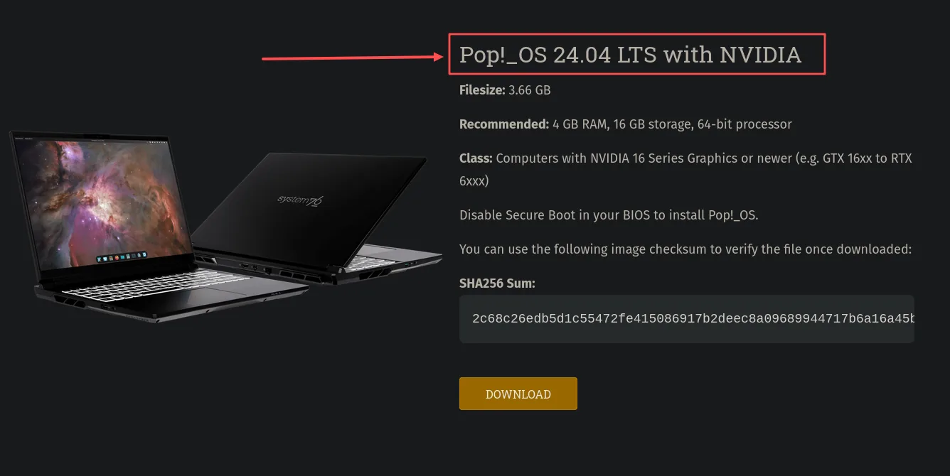 Pop!_OS download page with an arrow highlighting the Pop!_OS 24.04 LTS with NVIDIA option.