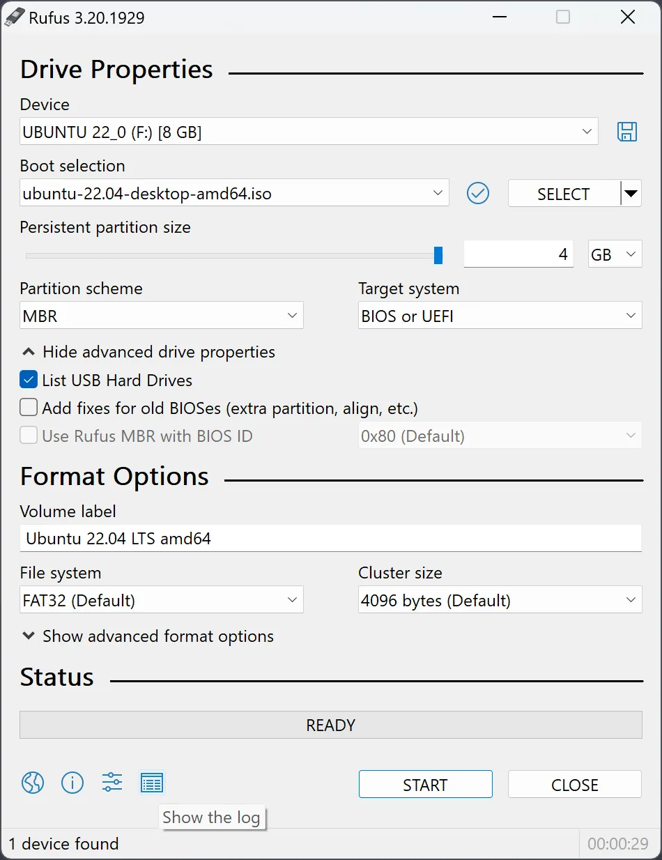 Rufus showing a selected Ubuntu ISO and USB drive, with the START button below.