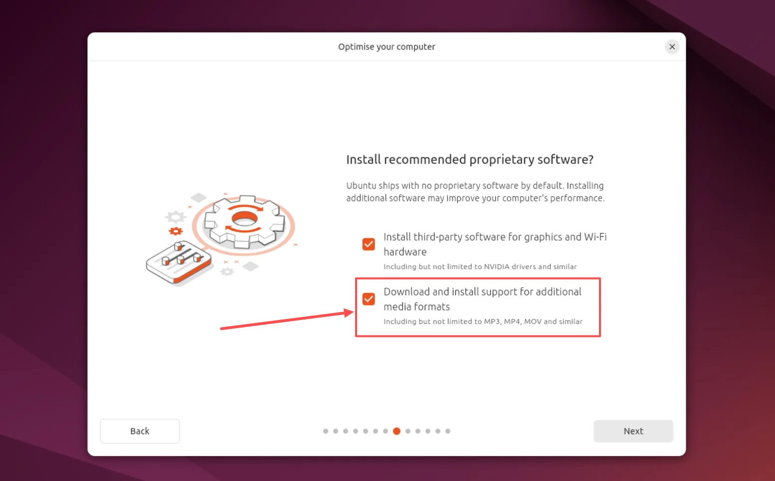 Ubuntu installer with support for additional media formats selected.
